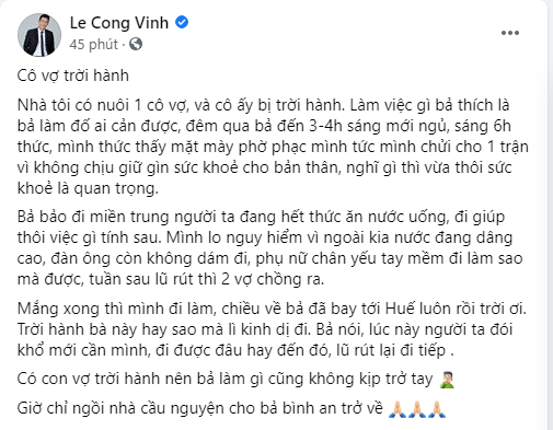 Công Vinh 'bất lực' gọi Thủy Tiên là 'bà vợ trời hành' khi một mình ra Huế cứu trợ đồng bào lũ lụt