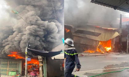 Cháy dữ dội ở chợ ngoại thành Hà Nội, cột khói, lửa bốc cao hàng chục mét